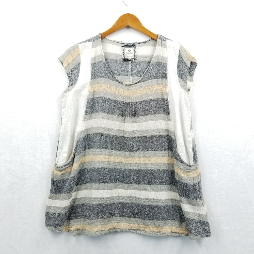 Namsar Blouse Women L Striped Lagenlook Cotton Relaxed Pullover Pockets Boho Top